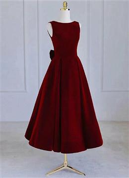 Picture of Wine Red Color Tea Length Velvet Party Dresses with Bow, Burgundy Wedding Party Dress
